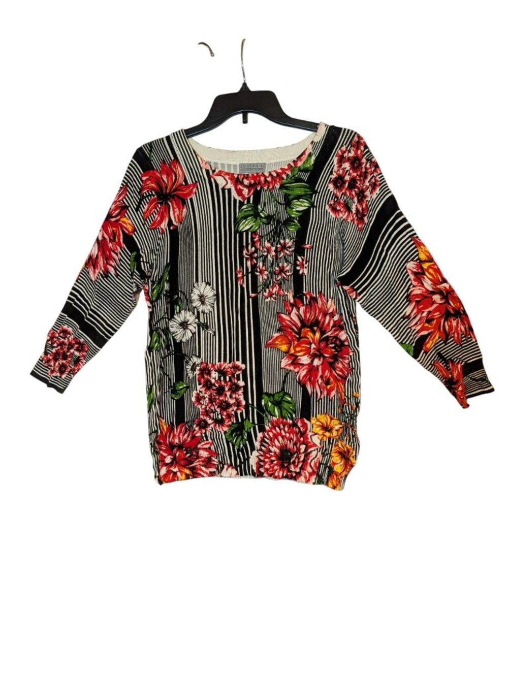 Joseph A. Floral Striped Lightweight Sweater Top Size L 3/4 Sleeves Rayon Blend